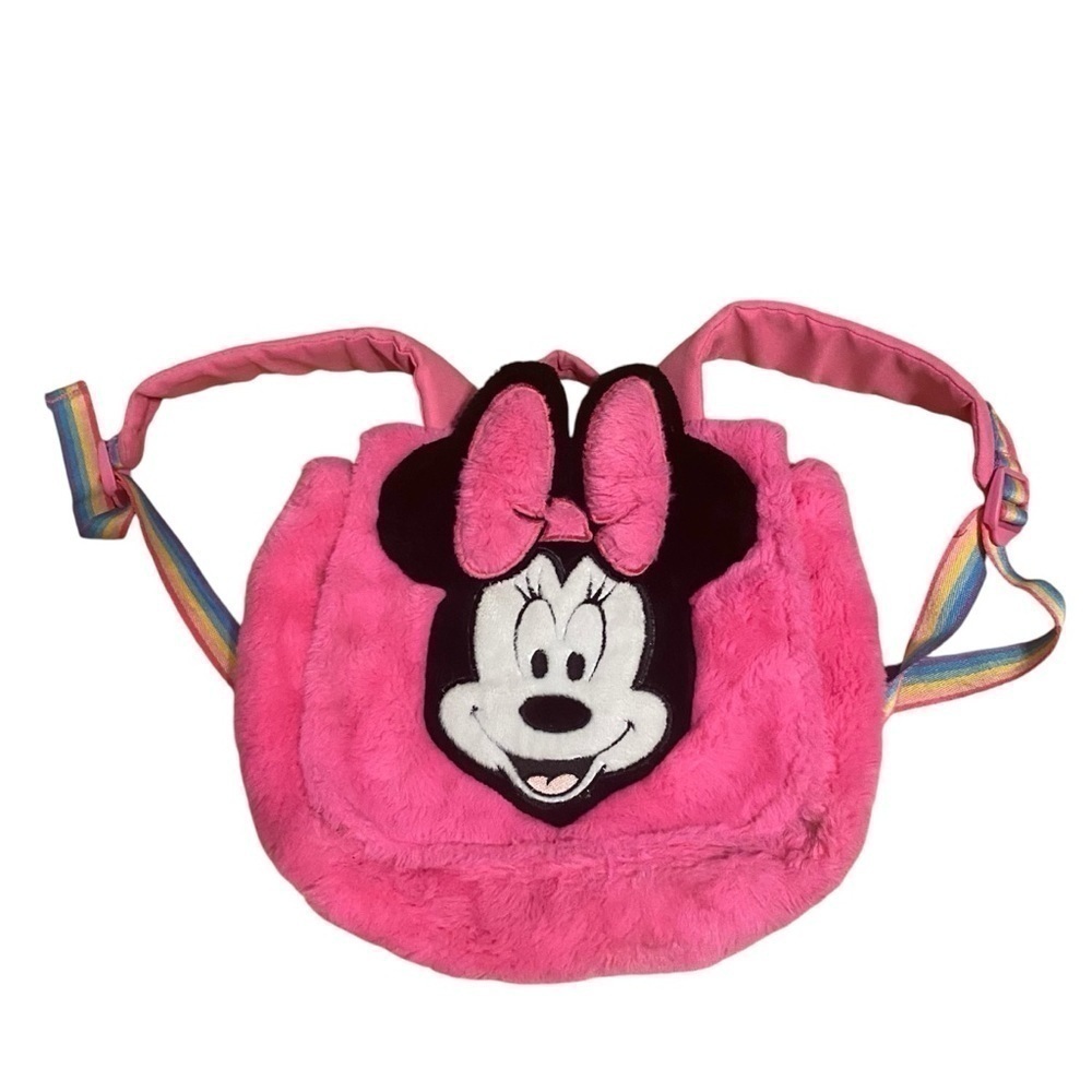 Disney Minnie Mouse Furry Fuzzy Book Bag Back Pack Rainbow Strap Kids